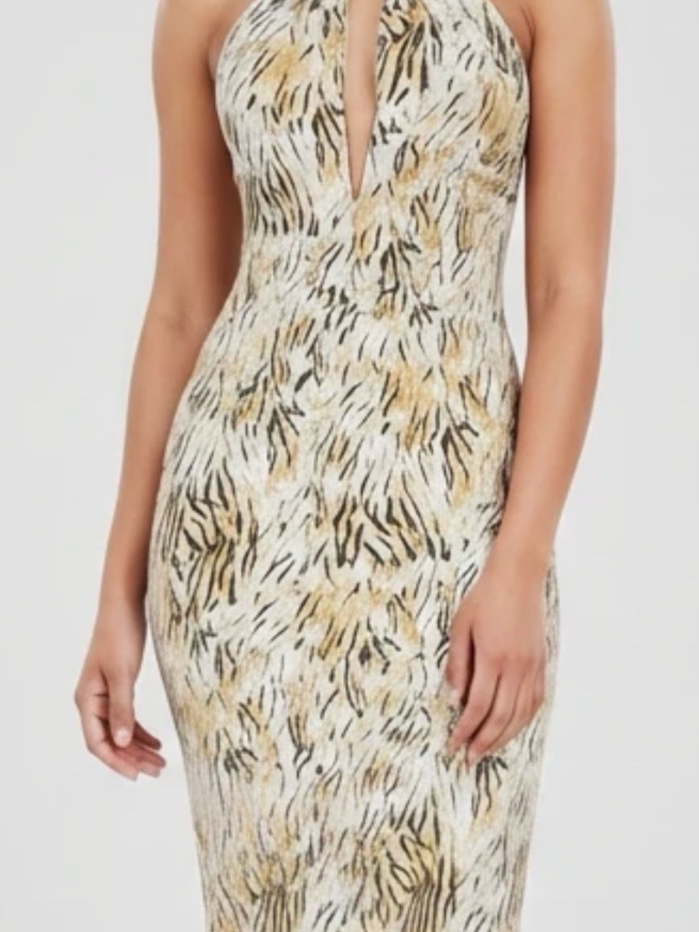 Fashion Nova White & Gold Metallic Animal-Print Maxi Dress